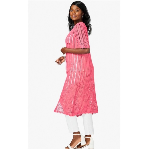Jessica London Crochet Cardigan M Pink Boho Coastal Cotton Euro Summer Duster - Picture 1 of 8